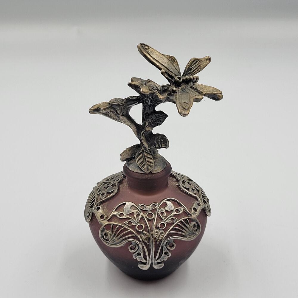 VINTAGE FROSTED MAROON PERFUME BOTTLE PEWTER FILIGREE BUTUERFLY FLOWER RARE